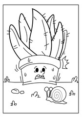 Cute kawaiiColoring page. Hand drawn doodle plants. Cartoon cactus for coloring book. Vector illustr