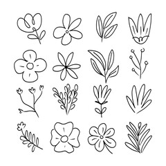 Simple linear flowers on stems isolated on white. Hand drawn vector botanical illustrations