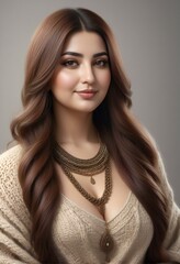 Portrait of beautiful young woman with long brown hair and jewelry necklace