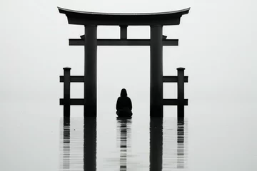 Fototapeten Silhouette of a woman sitting in front of torii gate © Picasso