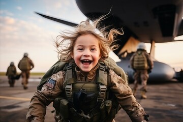 Little girl laughing while standing in front of an airplane on an airfield
