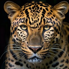 Portrait of a leopard on a dark background,  Close-up