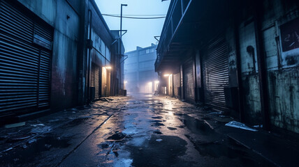 In the heart of the neon-lit cyberpunk city, a gritty back alley emerges, illuminated by flickering streetlights