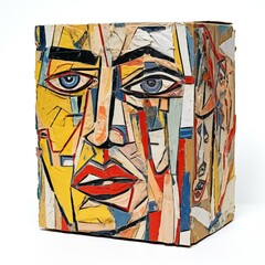 Handmade paper box with painted face isolated on a white background