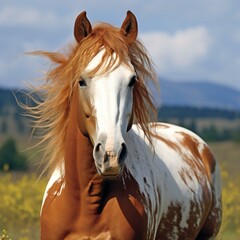 Portrait of a beautiful palomino stallion in the field - obrazy, fototapety, plakaty