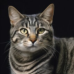 Close-up portrait of a tabby cat on a black background