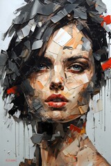Portrait of a beautiful young woman with painted face,  Contemporary art collage