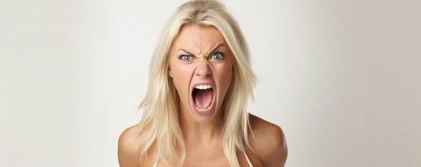 Angry young blonde woman screaming on white background. Anger expression concept. - obrazy, fototapety, plakaty