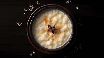 Rice porridge with cinnamon in a bowl on a black background - obrazy, fototapety, plakaty