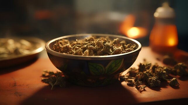 Dried marijuana buds in a glass bowl on a wooden table.