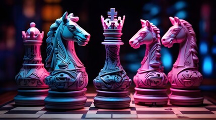 International Chess Day 20 July, Closeup of chess board depicted as intricate art sculptures, showcasing the beauty and craftsmanship of each piece in a visually stunning composition neon background - obrazy, fototapety, plakaty