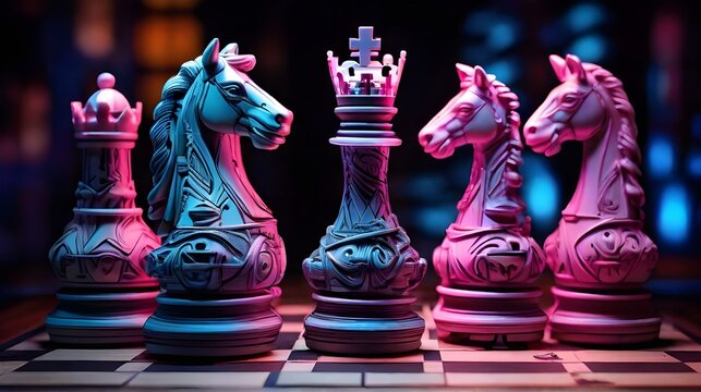 International Chess Day 20 July, Closeup of chess board depicted as intricate art sculptures, showcasing the beauty and craftsmanship of each piece in a visually stunning composition neon background