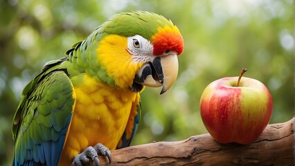 Vibrant Avian Delight: Beautiful Parrot Enjoying a Fresh Apple Treat.
Beauty of Nature Earth Day art.