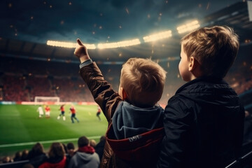 Fototapeta premium fans children in the stands raised their hands, watching a football game, view from the back