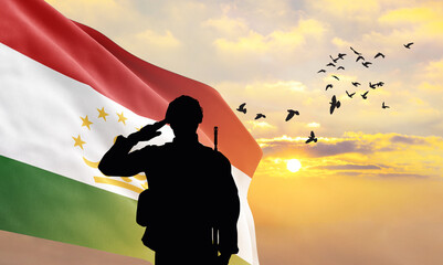 Silhouette of a soldier with the Tajikistan flag stands against the background of a sunset or...