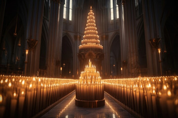Fototapeta premium many tall burning candles in the church for ritual