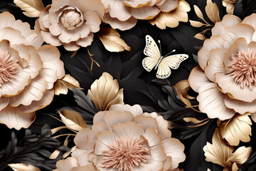 precious flowers peonies with butterflies with gilding and black leaves, 3D texture - obrazy, fototapety, plakaty