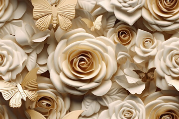 volumetric roses with butterflies with gilding, 3D patern texture