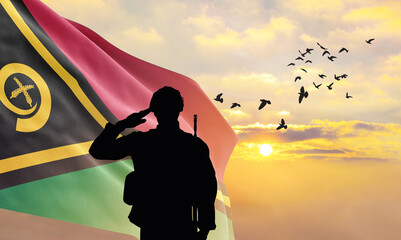 Silhouette of a soldier with the Vanuatu flag stands against the background of a sunset or sunrise....