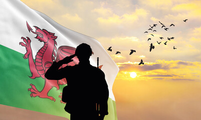 Silhouette of a soldier with the Wales flag stands against the background of a sunset or sunrise....