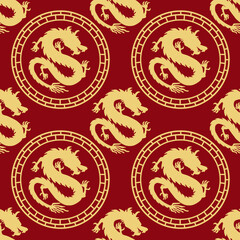 Gold dragon pattern seamle on red background 