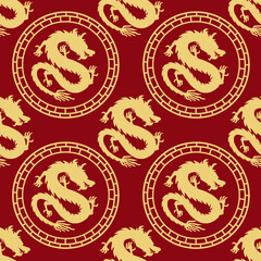 gold dragon pattern seamless on red background