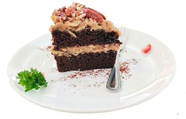 Fototapeta na wymiar The piece of Coconut Chocolate Cake on a plate. 