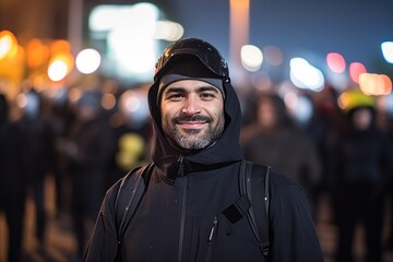 Portrait of a man with a hood on his head in the street