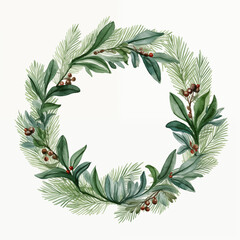 Watercolor wreath with fir, eucalyptus and dry branches. Hand painted holiday frame with plants isolated on white background. Floral illustration for design, print, fabric or background.