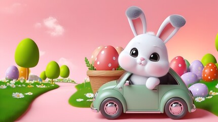3d Cute isoled Easter Bunny looking out of a car filed with easter eggs on pink background