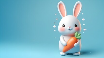 Naklejka na ściany i meble 3d Cute Easter Bunny with carrot on blue background