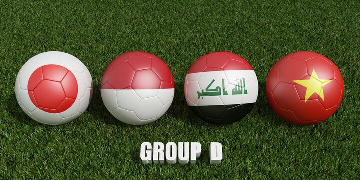 Football cup  groups d.  2023 asian cup tournament . 3d rendering