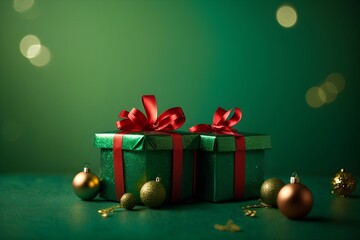 Happy New Year banner, background with gift boxes and decorations.
