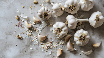 Garlic cloves and garlic bulb on white marble background, top view