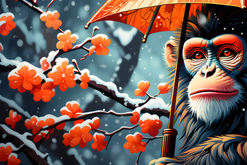 There is a monkey with an umbrella on a snowy day. Generative AI.