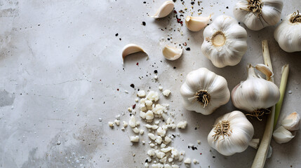 Garlic and spices on a stone background, top view, copy space