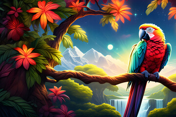 a parrot sitting in a tree. Generative AI.