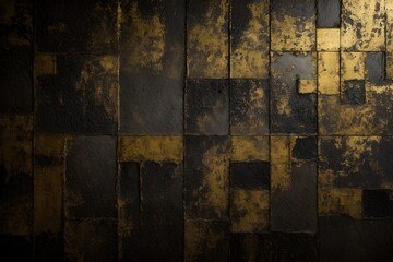 Grunge wall background. The distressed, rough elements are rendered in dark gold tones, creating a visually dynamic abstract design. Isolated in gold on a bold dark backdrop.	