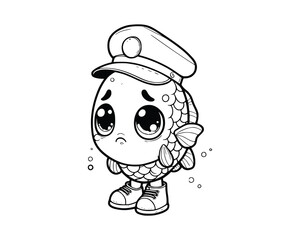Cute Cartoon Character of fish for coloring book. outline line art. Printable Design. isolated white background
