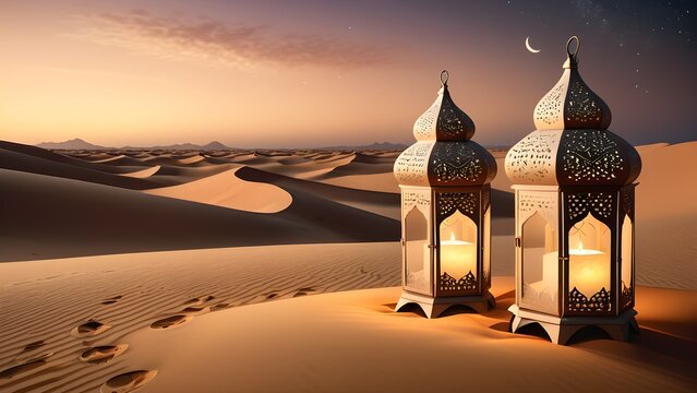 Ramadan Lantern, Mosque and Crescent Moon Decoration Background 3d Render. Generative AI.
