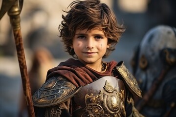 Portrait of a boy in the medieval costume of a knight.