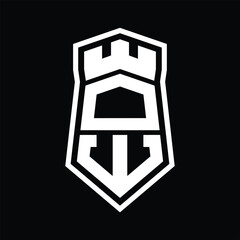 DW Letter Logo monogram hexagon shield shape up and down with crown castle isolated style design