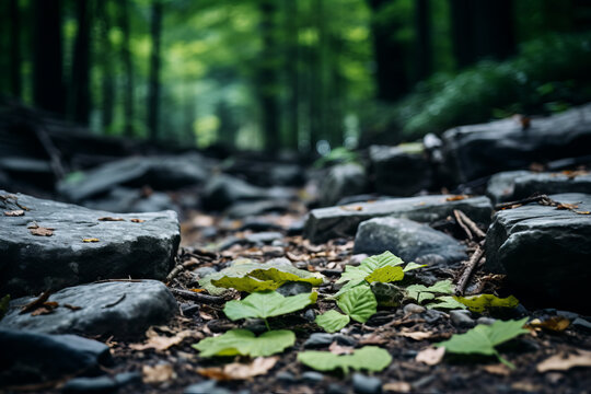 Close up photograph of leaves in a trail clearing, eye level view of the ground