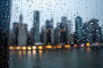 rain water droplets on the glass window with the view of city skyline