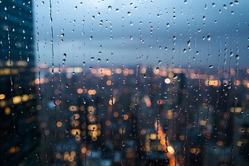rain water droplets on the glass window with the view of city skyline - obrazy, fototapety, plakaty