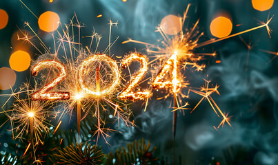 bougie fontaine à étincelle ou cierge magique brûlant avec des étincelles dorées pour former la date 2024, pour le nouvel an et les célébrations de la nouvelle année - obrazy, fototapety, plakaty