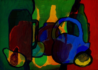 Wine bottles and fruits on a dark background, expressionism, abstract painting