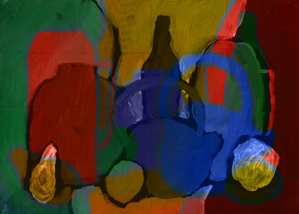 Wine bottles and fruits on a dark background, expressionism, abstract painting