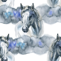 Hand drawn watercolor cute seamless pattern illustration white wild Arabian horses, cloud on the white background for cloth, linen, wallpaper texture or other textile print.