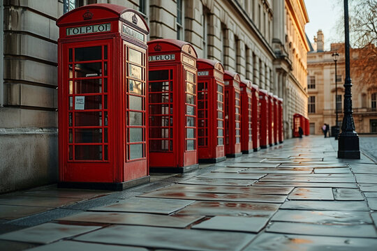 organized photo showcasing a row of red London phone booths, creating a visually striking and minimalist perspective that celebrates their uniform yet iconic presence. Minimalistic